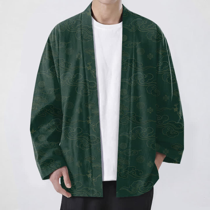 Buddha Stones Kimono da uomo in cotone con apertura frontale e motivo "Nuvole di buon auspicio". - Verde studentesco - US/UK/AU48, EU58 (4XL) - image 9