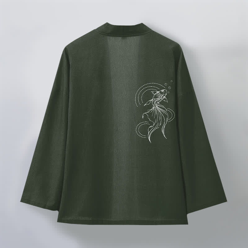 Buddha Stones Kimono da uomo in cotone bianco con motivo a onde e pesci koi, aperto sul davanti. - image 8