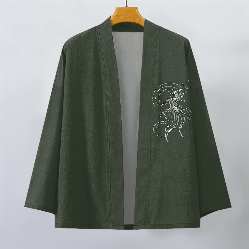 Buddha Stones Kimono da uomo in cotone bianco con motivo a onde e pesci koi, aperto sul davanti. - image 7