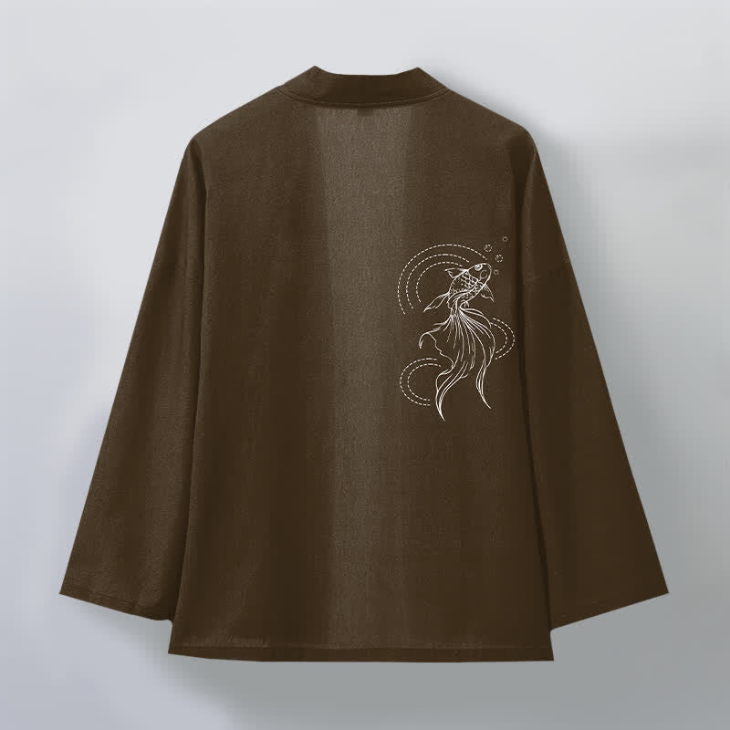Buddha Stones Kimono da uomo in cotone bianco con motivo a onde e pesci koi, aperto sul davanti. - image 11