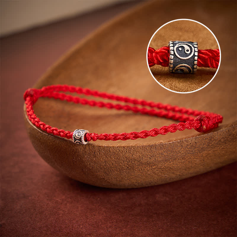Buddha Stones Bracciale/cavigliera protettiva Yin Yang in argento sterling 925 con cordino nero e rosso - Filo rosso - Circonferenza della cavigliera: 6,3–10,2 pollici (16–26 cm) - image 0