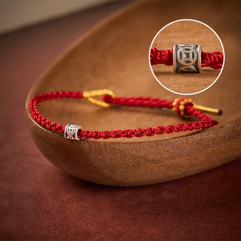 Buddha Stones Bracciale minimalista in argento sterling 925 con cordino nero e rosso, protezione per monete cinesi. - Corda rosso scuro - 5,5–6,3 pollici (14–16 cm) - image 0