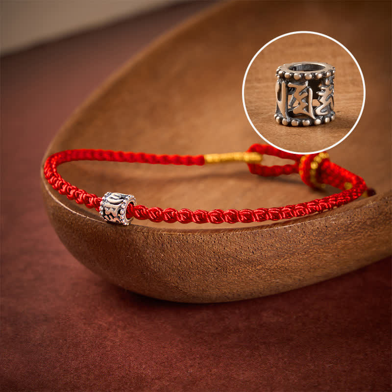 Buddha Stones Bracciale minimalista Om Mani Padme Hum in argento sterling 925 con cordino nero e rosso. - Filo rosso - 5,5–6,3 pollici (14–16 cm) - image 0
