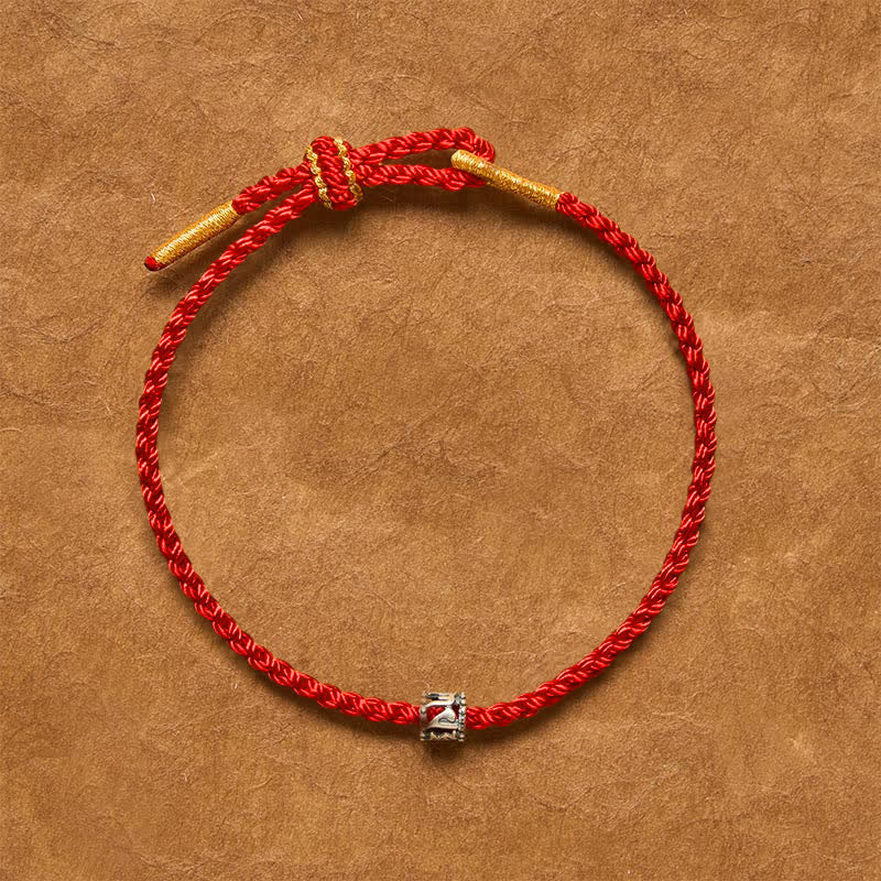 Buddha Stones Bracciale minimalista Om Mani Padme Hum in argento sterling 925 con cordino nero e rosso. - image 1