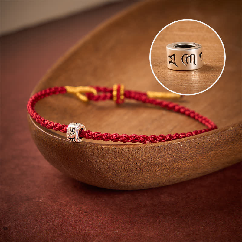 Buddha Stones Bracciale minimalista Om Mani Padme Hum Luck in argento sterling 925 con cordino nero e rosso. - Corda rosso scuro - 5,5–6,3 pollici (14–16 cm) - image 0