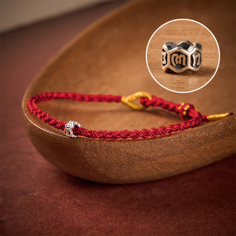 Buddha Stones Braccialetto portafortuna con perline Om Mani Padme Hum in argento sterling 925, con filo nero e rosso. - Corda rosso scuro - 5,5–6,3 pollici (14–16 cm) - image 10