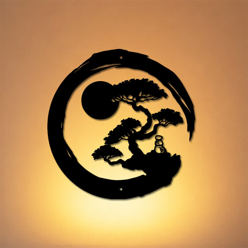 Buddha Stones Cerchio Zen in metallo, pino, illuminazione, bonsai, ferro, simboli significativi, arte da parete - image 0