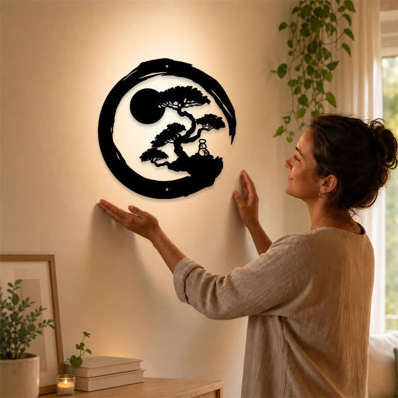 Buddha Stones Cerchio Zen in metallo, pino, illuminazione, bonsai, ferro, simboli significativi, arte da parete - image 1