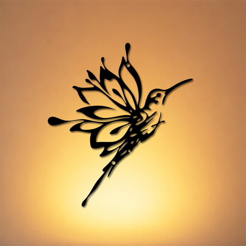 Buddha Stones Decorazione murale con silhouette in ferro nero opaco raffigurante un colibrì loto, nuovi inizi e simboli significativi. - image 0