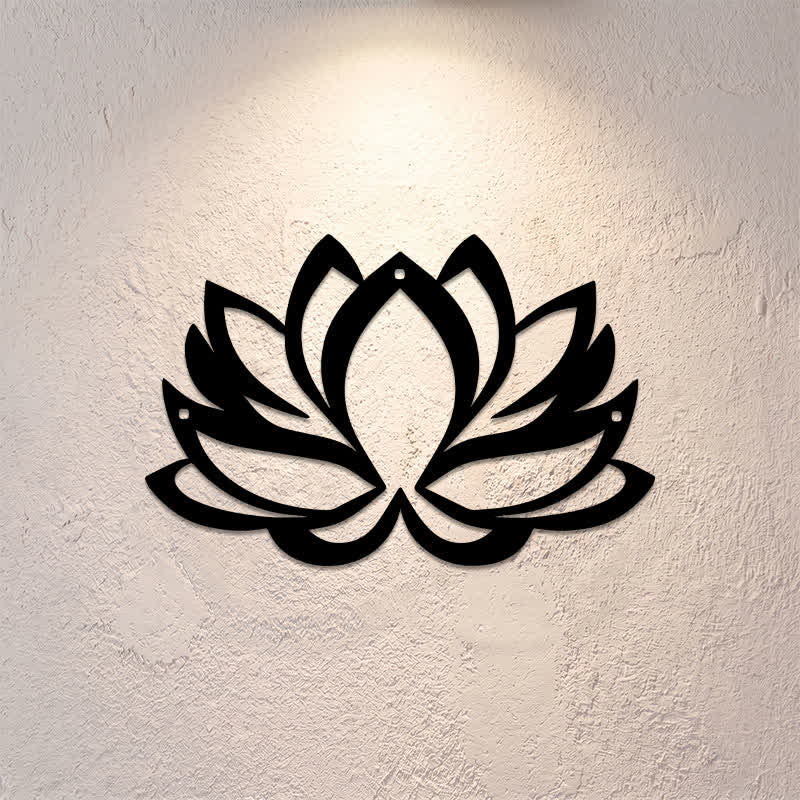 Buddha Stones Arte murale con simboli significativi di loto, illuminazione zen e ferro in metallo nero. - image 0