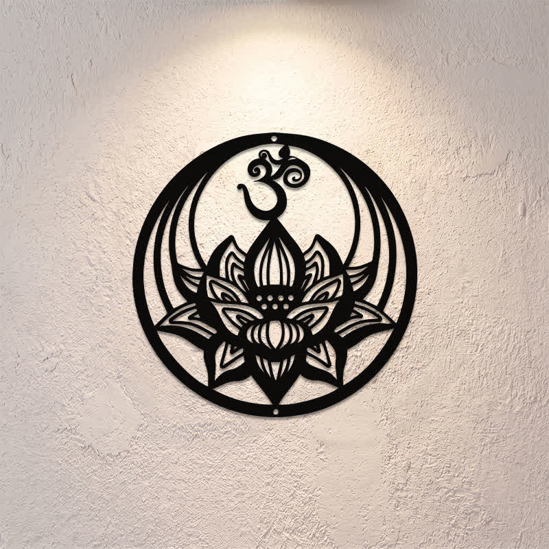 Buddha Stones Decorazione murale rotonda in ferro con simboli significativi del Loto OM dell'Illuminazione - image 0