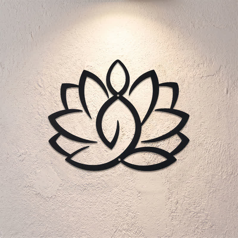 Buddha Stones Arte murale con simboli significativi di loto, illuminazione e ferro in black metal. - image 0