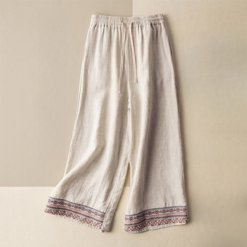 Pantaloni da donna a gamba larga con coulisse e tasche, con ricamo a motivo bohémien Buddha Stones. - Beige - US12, UK/AU16, EU44 (XL) - image 0