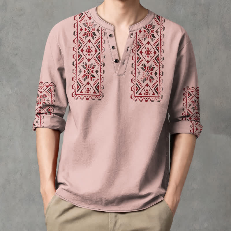 Buddha Stones Camicia da uomo a maniche lunghe con scollo a V e bottoni, in cotone, con motivo geometrico tribale. - image 1
