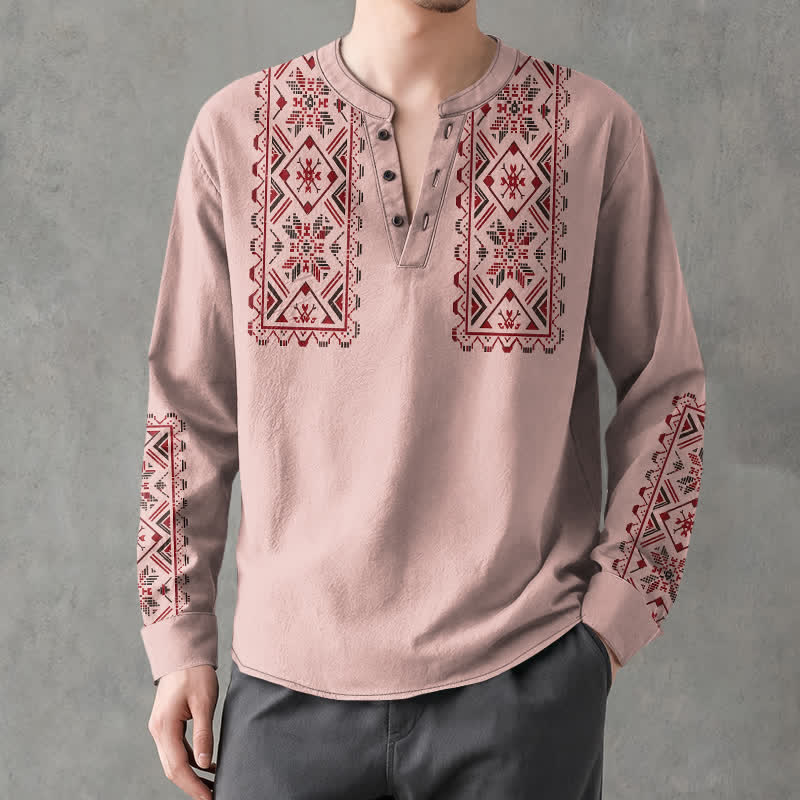 Buddha Stones Camicia da uomo a maniche lunghe con scollo a V e bottoni, in cotone, con motivo geometrico tribale. - Rosa chiaro - US/UK/AU48, EU58 (4XL) - image 0