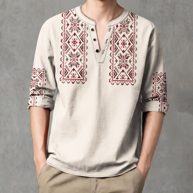 Buddha Stones Camicia da uomo a maniche lunghe con scollo a V e bottoni, in cotone, con motivo geometrico tribale. - image 8