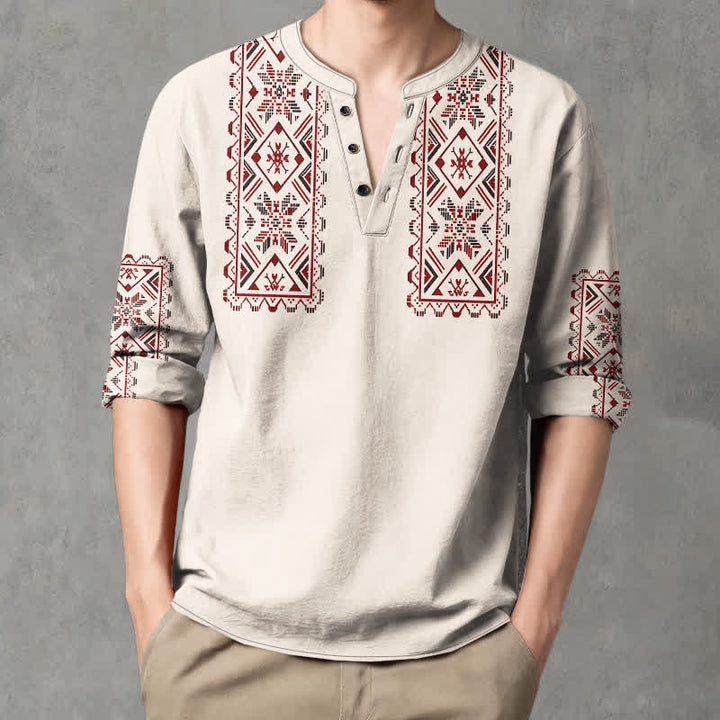 Buddha Stones Camicia da uomo a maniche lunghe con scollo a V e bottoni, in cotone, con motivo geometrico tribale. - image 8