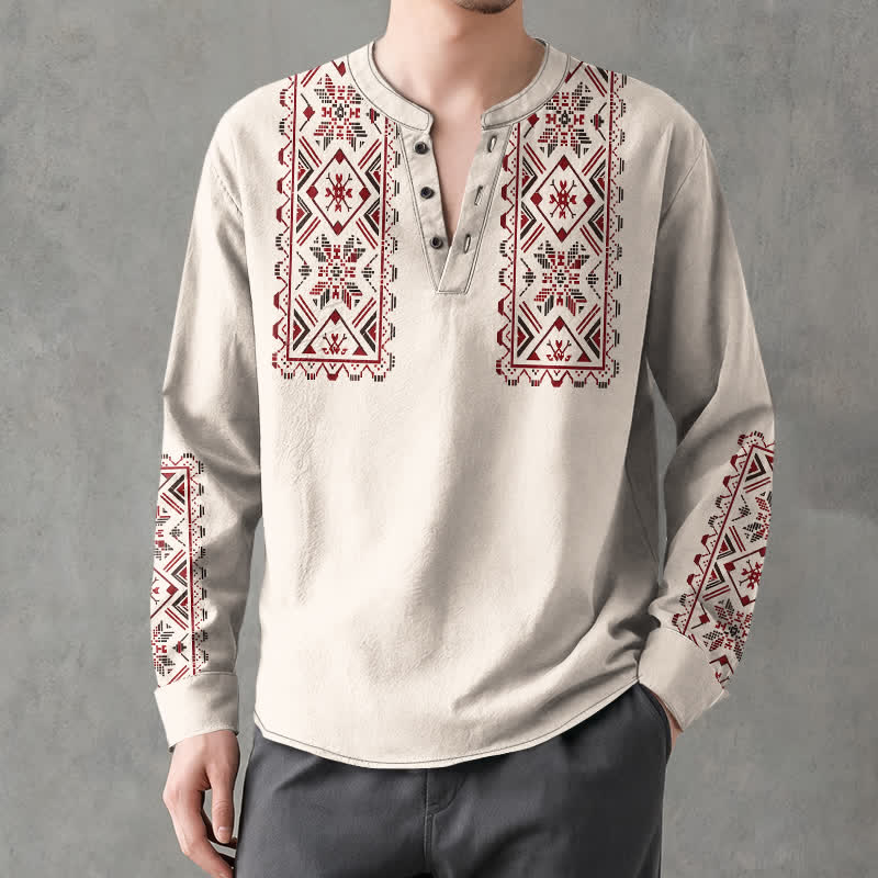 Buddha Stones Camicia da uomo a maniche lunghe con scollo a V e bottoni, in cotone, con motivo geometrico tribale. - Biancheria - US/UK/AU48, EU58 (4XL) - image 7