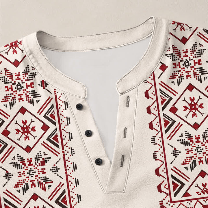 Buddha Stones Camicia da uomo a maniche lunghe con scollo a V e bottoni, in cotone, con motivo geometrico tribale. - image 11