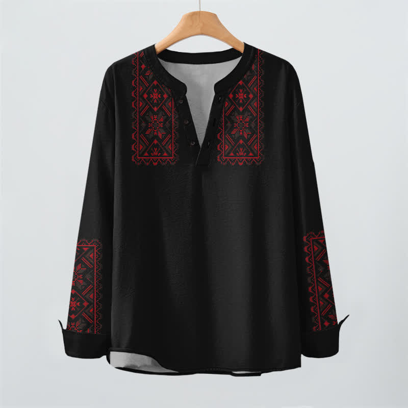 Buddha Stones Camicia da uomo a maniche lunghe con scollo a V e bottoni, in cotone, con motivo geometrico tribale. - image 16