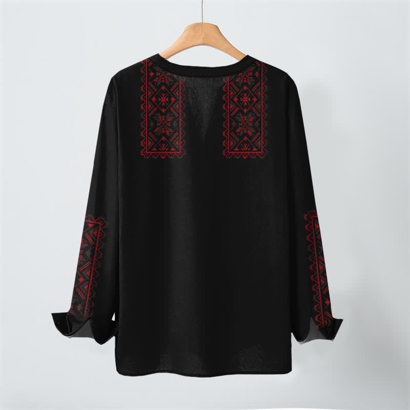 Buddha Stones Camicia da uomo a maniche lunghe con scollo a V e bottoni, in cotone, con motivo geometrico tribale. - image 17