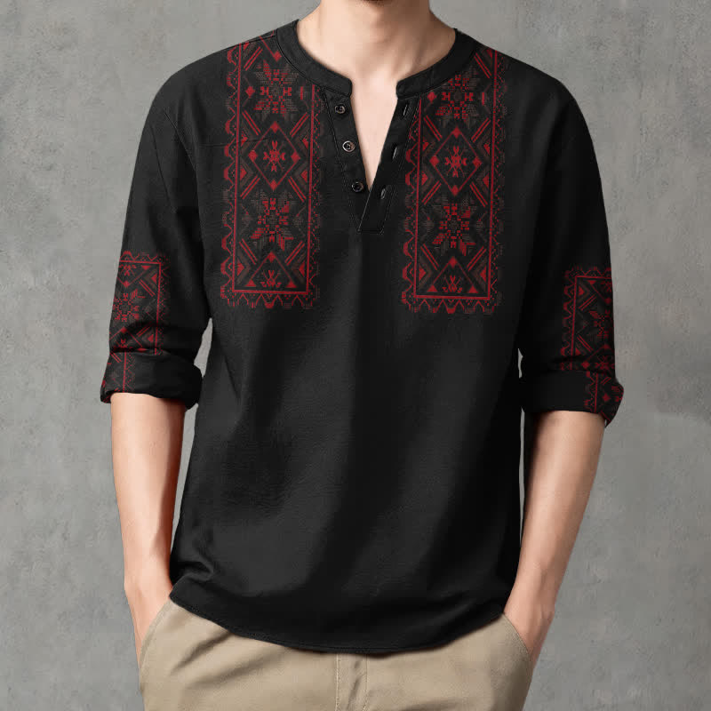 Buddha Stones Camicia da uomo a maniche lunghe con scollo a V e bottoni, in cotone, con motivo geometrico tribale. - image 15