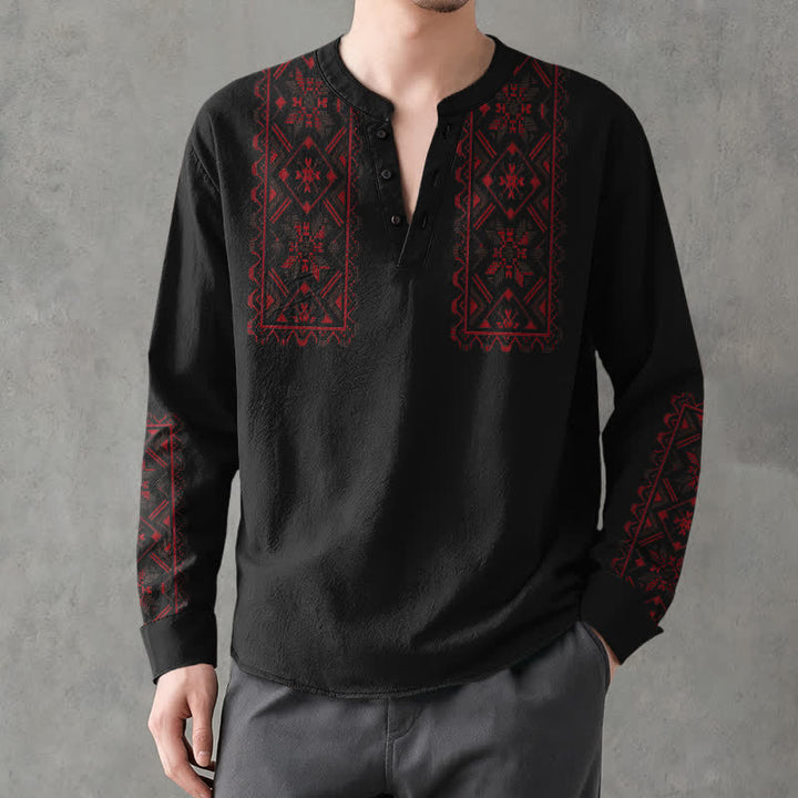 Buddha Stones Camicia da uomo a maniche lunghe con scollo a V e bottoni, in cotone, con motivo geometrico tribale. - Nero - US/UK/AU48, EU58 (4XL) - image 14