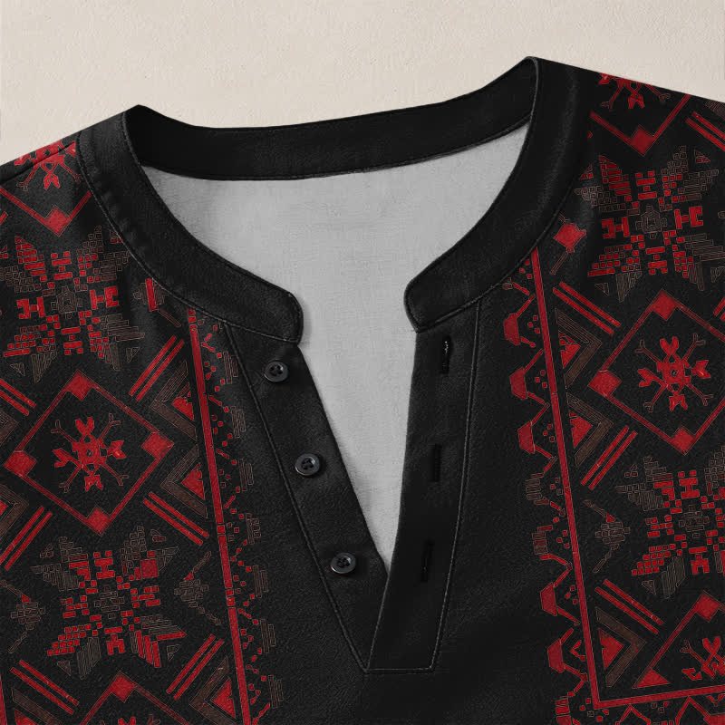 Buddha Stones Camicia da uomo a maniche lunghe con scollo a V e bottoni, in cotone, con motivo geometrico tribale. - image 18