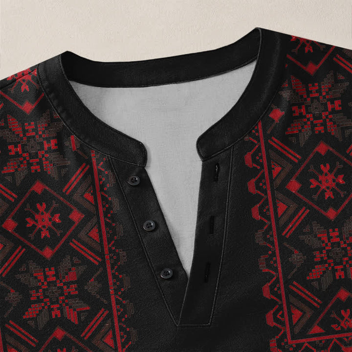 Buddha Stones Camicia da uomo a maniche lunghe con scollo a V e bottoni, in cotone, con motivo geometrico tribale. - image 18