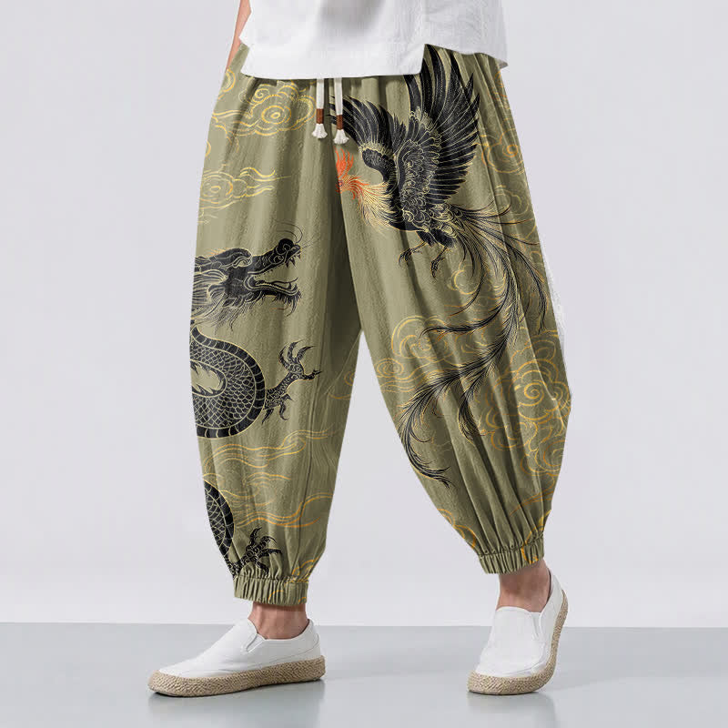 Buddha Stones Pantaloni harem da uomo in puro cotone con coulisse e tasche, fantasia drago, fenice e nuvole. - Oliva - US/UK/AU50, EU60 (5XL) - image 0