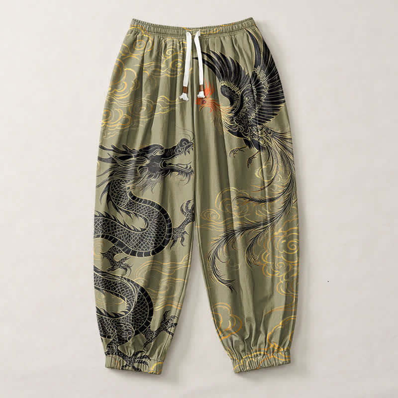 Buddha Stones Pantaloni harem da uomo in puro cotone con coulisse e tasche, fantasia drago, fenice e nuvole. - image 1