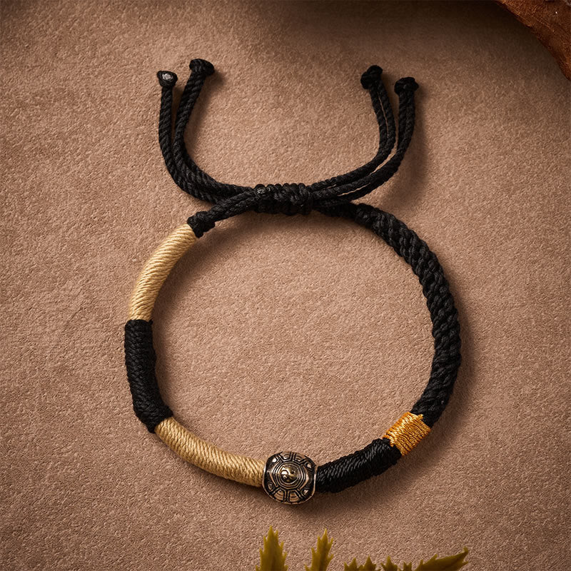Buddha Stones Braccialetto della saggezza intrecciato a mano con tartaruga Yinyang in ottone e cordino nero. - image 1