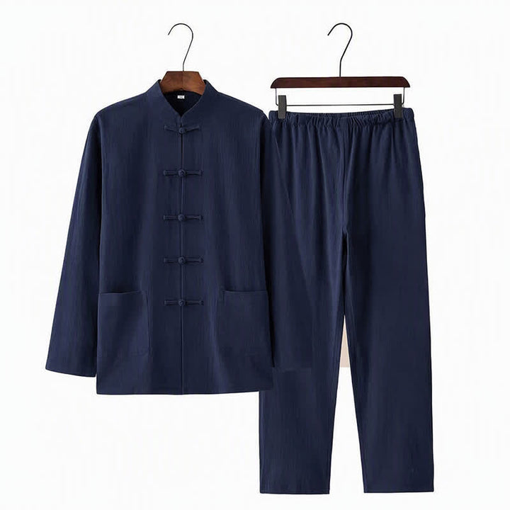 Completo da uomo in stile Tang con bottoni a rana Buddha Stones , composto da camicia a maniche lunghe e pantaloni, set completo da 2 pezzi. - image 12