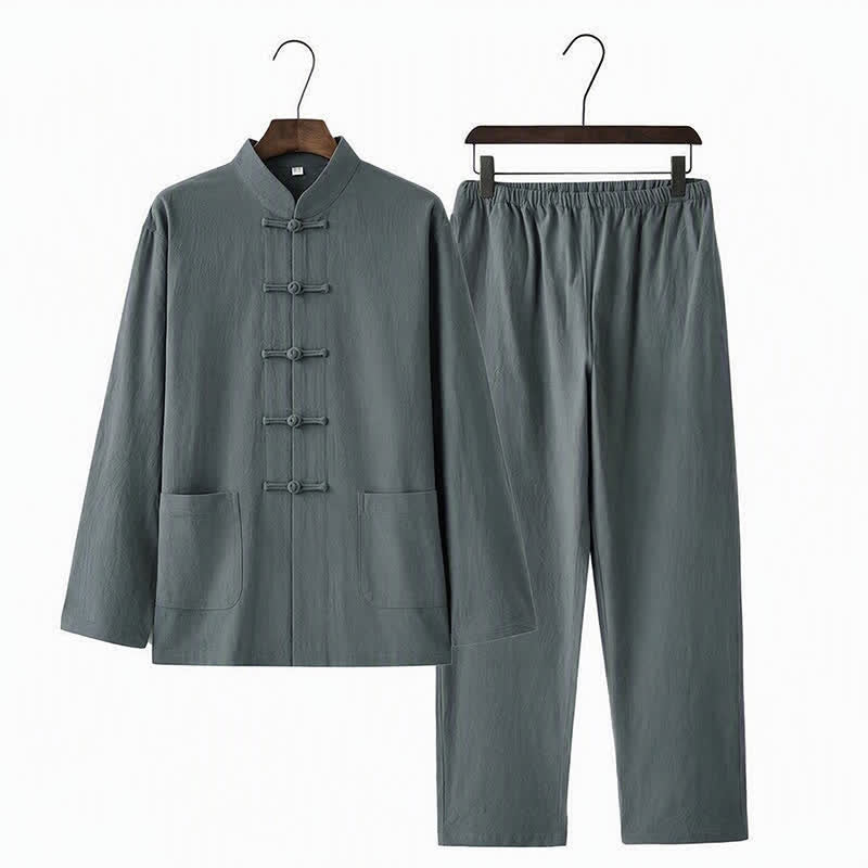 Completo da uomo in stile Tang con bottoni a rana Buddha Stones , composto da camicia a maniche lunghe e pantaloni, set completo da 2 pezzi. - image 6