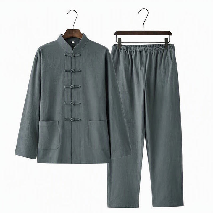 Completo da uomo in stile Tang con bottoni a rana Buddha Stones , composto da camicia a maniche lunghe e pantaloni, set completo da 2 pezzi. - image 6