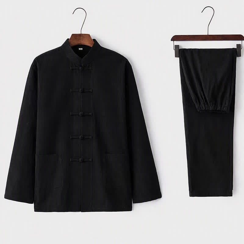 Completo da uomo in stile Tang con bottoni a rana Buddha Stones , composto da camicia a maniche lunghe e pantaloni, set completo da 2 pezzi. - Nero - US/UK/AU44，EU54 (5XL) - image 3