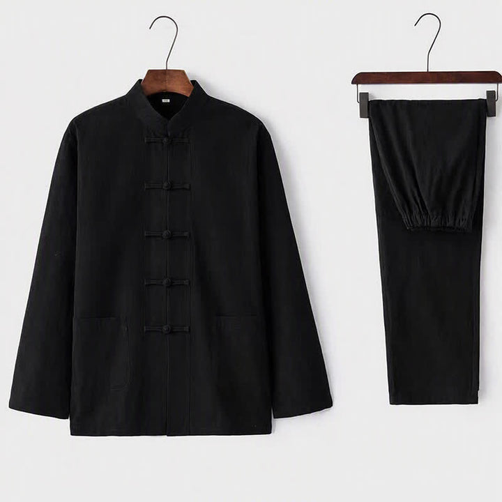 Completo da uomo in stile Tang con bottoni a rana Buddha Stones , composto da camicia a maniche lunghe e pantaloni, set completo da 2 pezzi. - Nero - US/UK/AU44，EU54 (5XL) - image 3