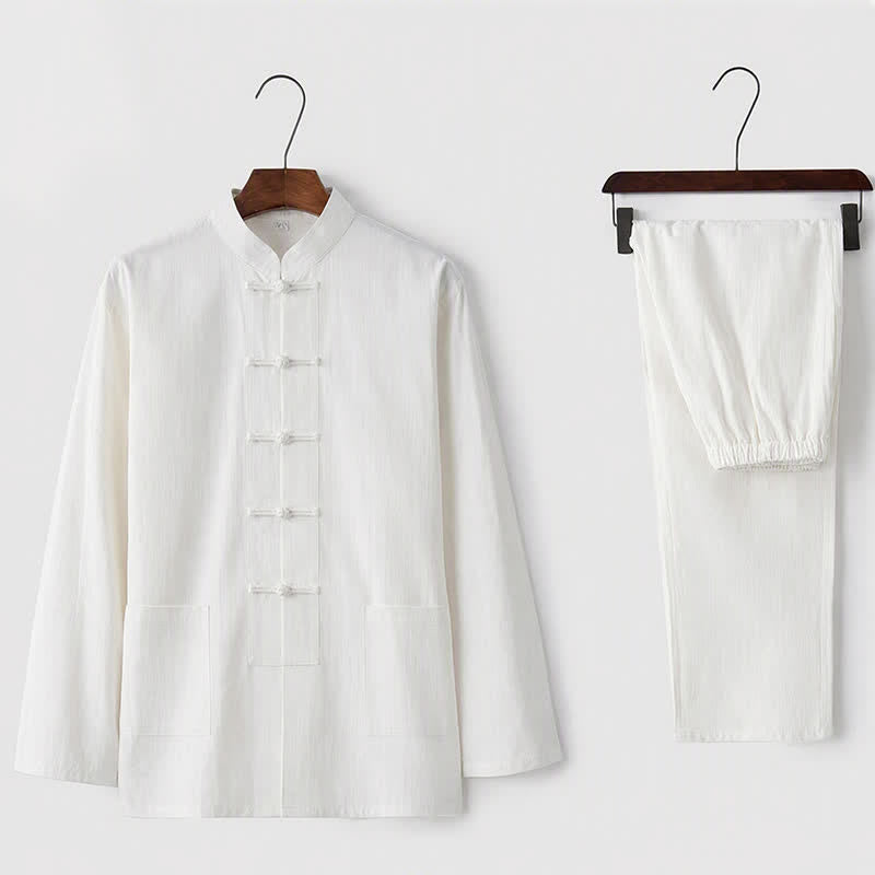 Completo da uomo in stile Tang con bottoni a rana Buddha Stones , composto da camicia a maniche lunghe e pantaloni, set completo da 2 pezzi. - Bianco - US/UK/AU44，EU54 (5XL) - image 1