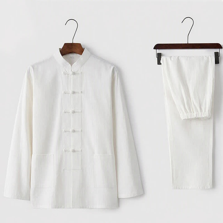 Completo da uomo in stile Tang con bottoni a rana Buddha Stones , composto da camicia a maniche lunghe e pantaloni, set completo da 2 pezzi. - Bianco - US/UK/AU44，EU54 (5XL) - image 1