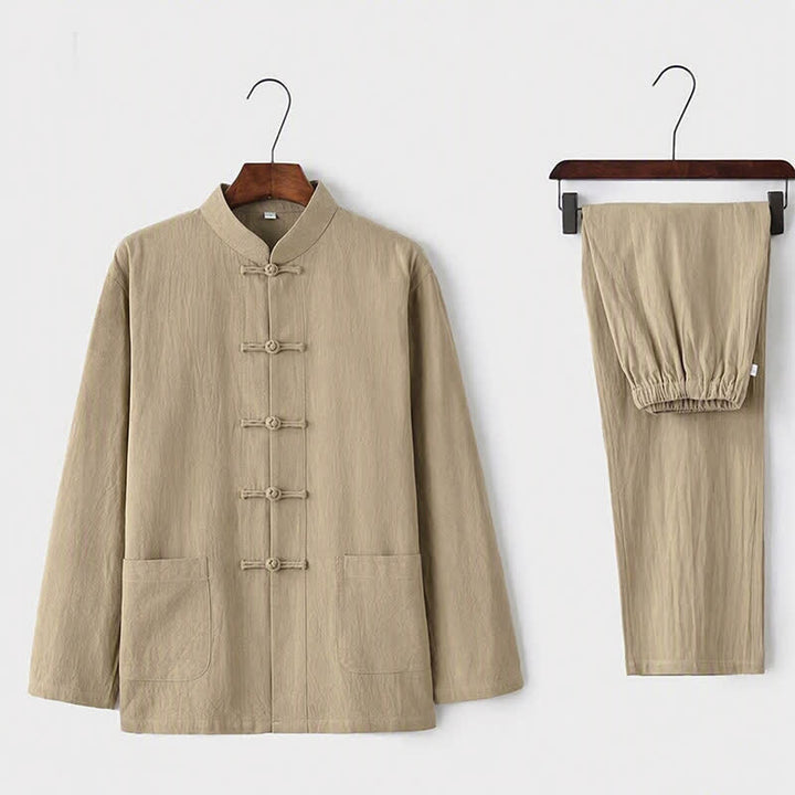 Completo da uomo in stile Tang con bottoni a rana Buddha Stones , composto da camicia a maniche lunghe e pantaloni, set completo da 2 pezzi. - Beige - US/UK/AU44，EU54 (5XL) - image 0