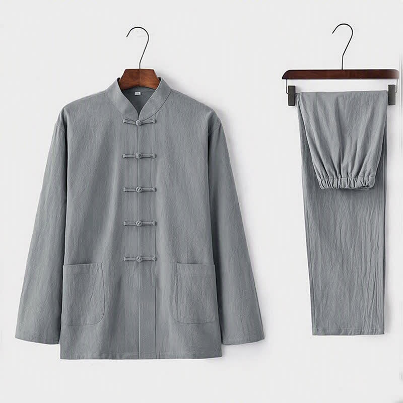 Completo da uomo in stile Tang con bottoni a rana Buddha Stones , composto da camicia a maniche lunghe e pantaloni, set completo da 2 pezzi. - Gainsboro - US/UK/AU44，EU54 (5XL) - image 2