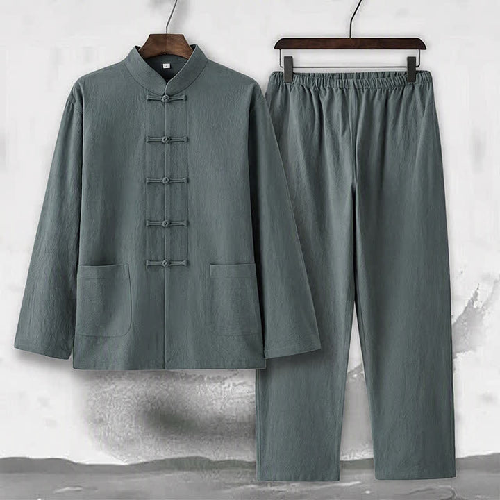 Completo da uomo in stile Tang con bottoni a rana Buddha Stones , composto da camicia a maniche lunghe e pantaloni, set completo da 2 pezzi. - image 5