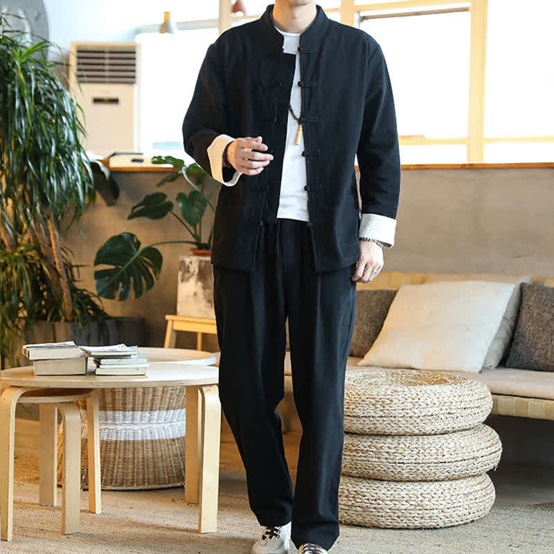 Buddha Stones 2 pezzi Zen Tang Suit da uomo Frog-Bottone Camicia a maniche lunghe Pantaloni Set con tasche - image 15