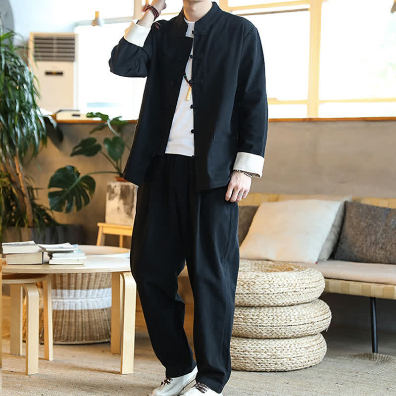 Buddha Stones 2 pezzi Zen Tang Suit da uomo Frog-Bottone Camicia a maniche lunghe Pantaloni Set con tasche - image 17