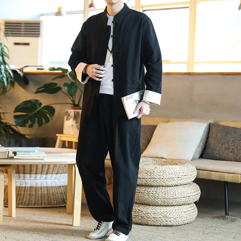 Buddha Stones 2 pezzi Zen Tang Suit da uomo Frog-Bottone Camicia a maniche lunghe Pantaloni Set con tasche - image 18
