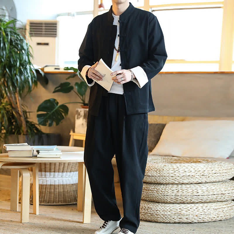 Buddha Stones 2 pezzi Zen Tang Suit da uomo Frog-Bottone Camicia a maniche lunghe Pantaloni Set con tasche - image 20