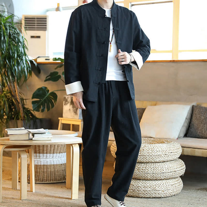 Buddha Stones 2 pezzi Zen Tang Suit da uomo Frog-Bottone Camicia a maniche lunghe Pantaloni Set con tasche - image 16