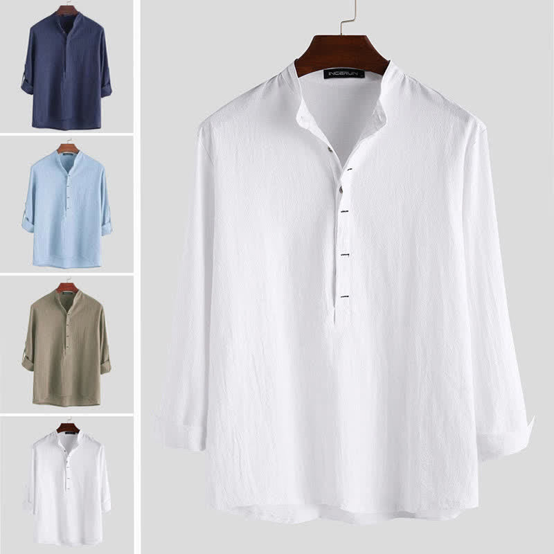 Camicia da uomo a maniche lunghe in cotone con bottoni a mezzo busto e stampa Buddha Stones, tinta unita. - image 1