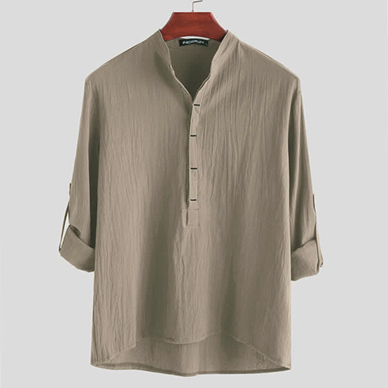 Camicia da uomo a maniche lunghe in cotone con bottoni a mezzo busto e stampa Buddha Stones, tinta unita. - Tan - US/UK/AU42, EU52 (3XL) - image 6