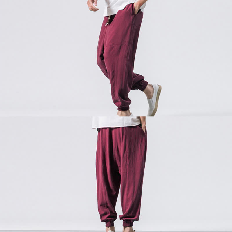 Pantaloni harem da uomo Buddha Stones, semplici, in cotone, con coulisse e tasche. - image 12